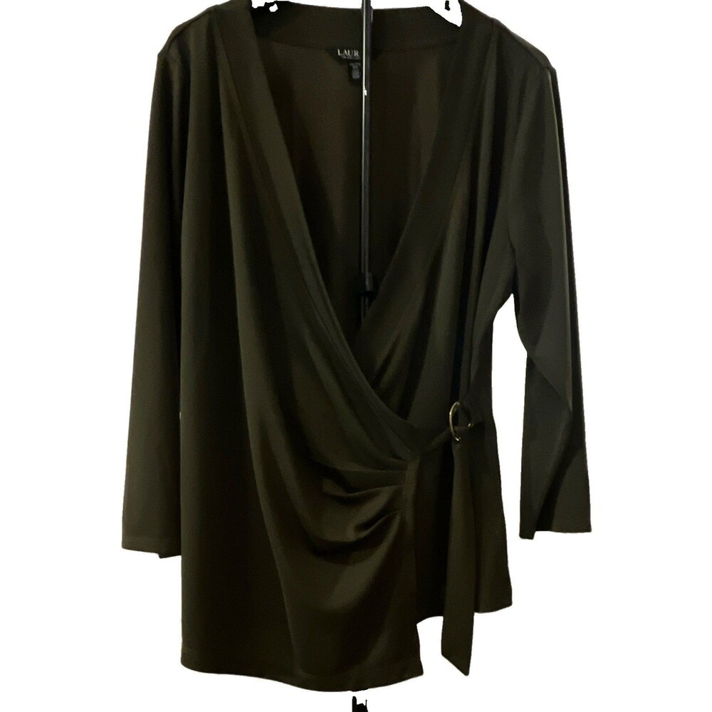Lauren Ralph Lauren Women's XXL Green Solid Knit Wrap V-Neck Buckle Blouse